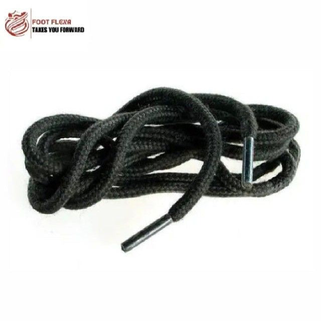 Black shoelaces with a metal lace lock on a white background, featuring the 'Foot Flex' brand.