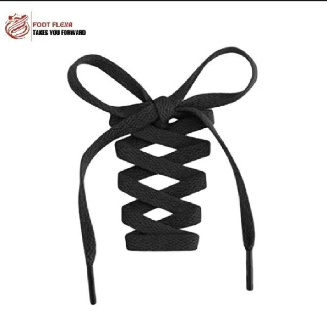 Black shoelace with unique pattern on a white background, featuring 'Foot Flexa' branding.