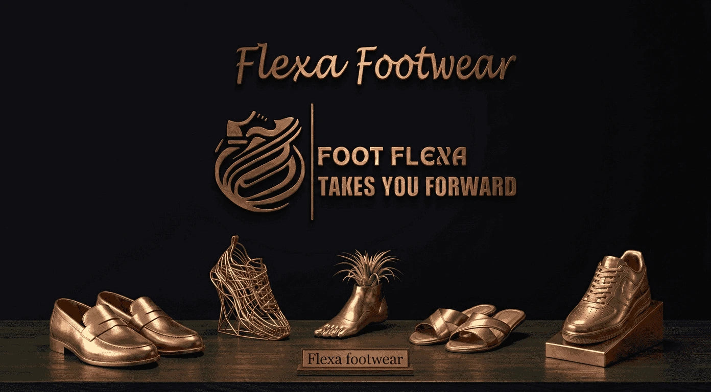 Bronze-colored Flexa Footwear shoes displayed on a dark background with brand name and slogan.