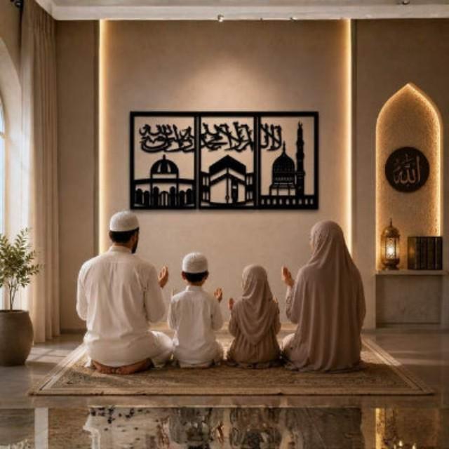 Family praying together in a home with Islamic decor