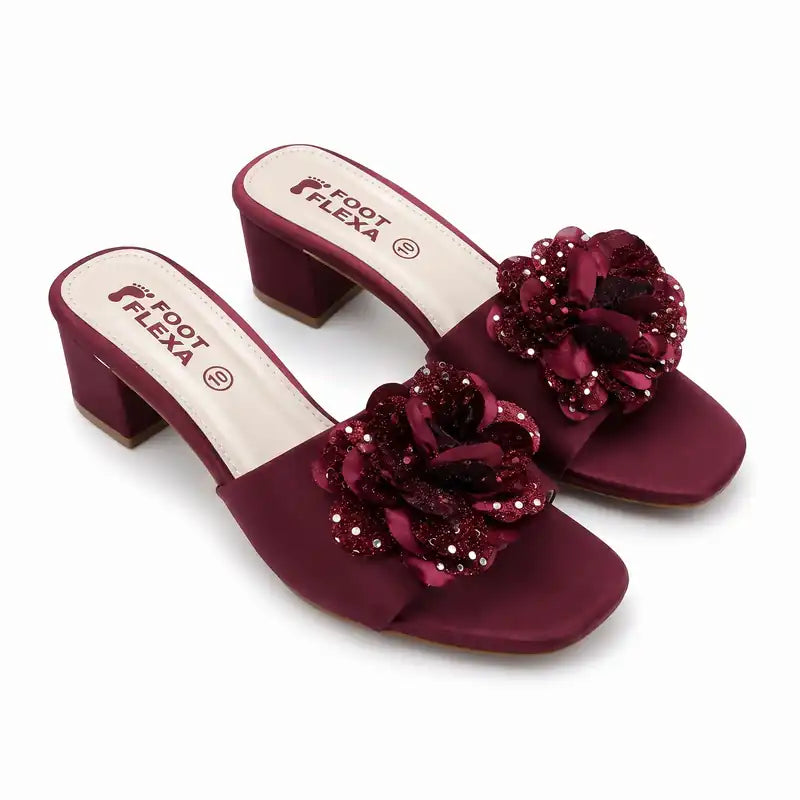 Maroon Velvet Floral Block Heels