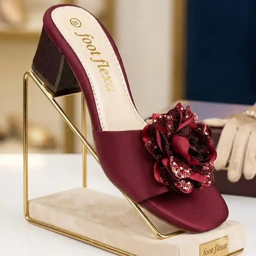 Maroon Velvet Floral Block Heels