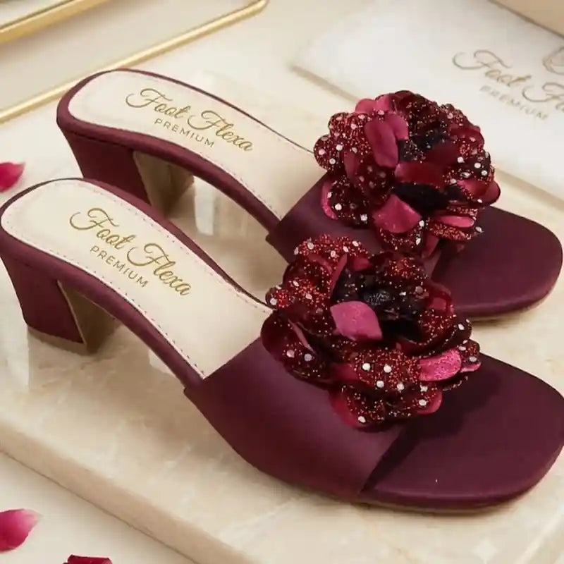 Maroon Velvet Floral Block Heels