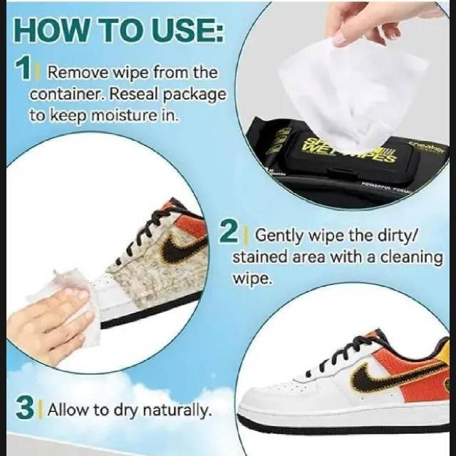 Instructions on how to use cleaning wipes for shoes, with a close-up of a shoe being cleaned.