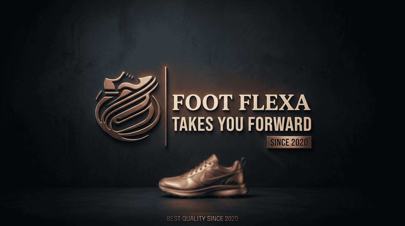 Foot Flexa logo with a shoe on a dark background