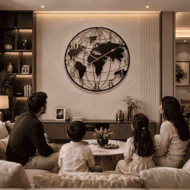 Family sitting on a couch in a living room with a world map wall decoration.