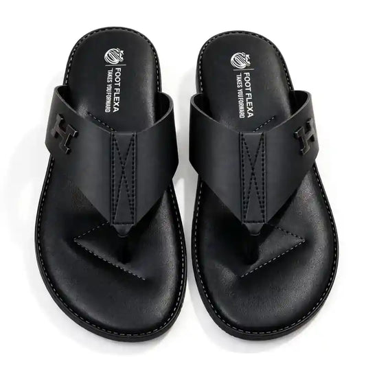 A pair of black leather thong sandals with a prominent 'H' logo on the strap, displayed from a top-down view on a white background.
