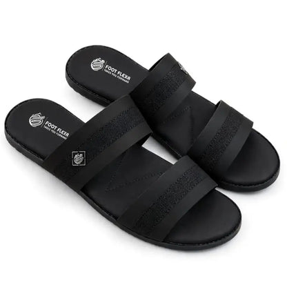 A pair of black slide sandals with wide double straps, featuring a textured velcro-style upper and a contoured footbed with the brand name 'FOOT FLEX' printed in white.