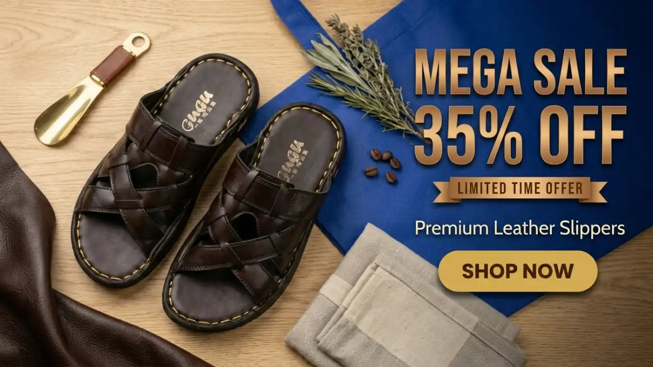 A pair of dark brown leather slippers with woven straps, displayed on a wooden surface alongside a gold scoop, rosemary sprigs, a blue fabric backdrop, and promotional text reading 'MEGA SALE 35% OFF' and 'Premium Leather Slippers SHOP NOW'.